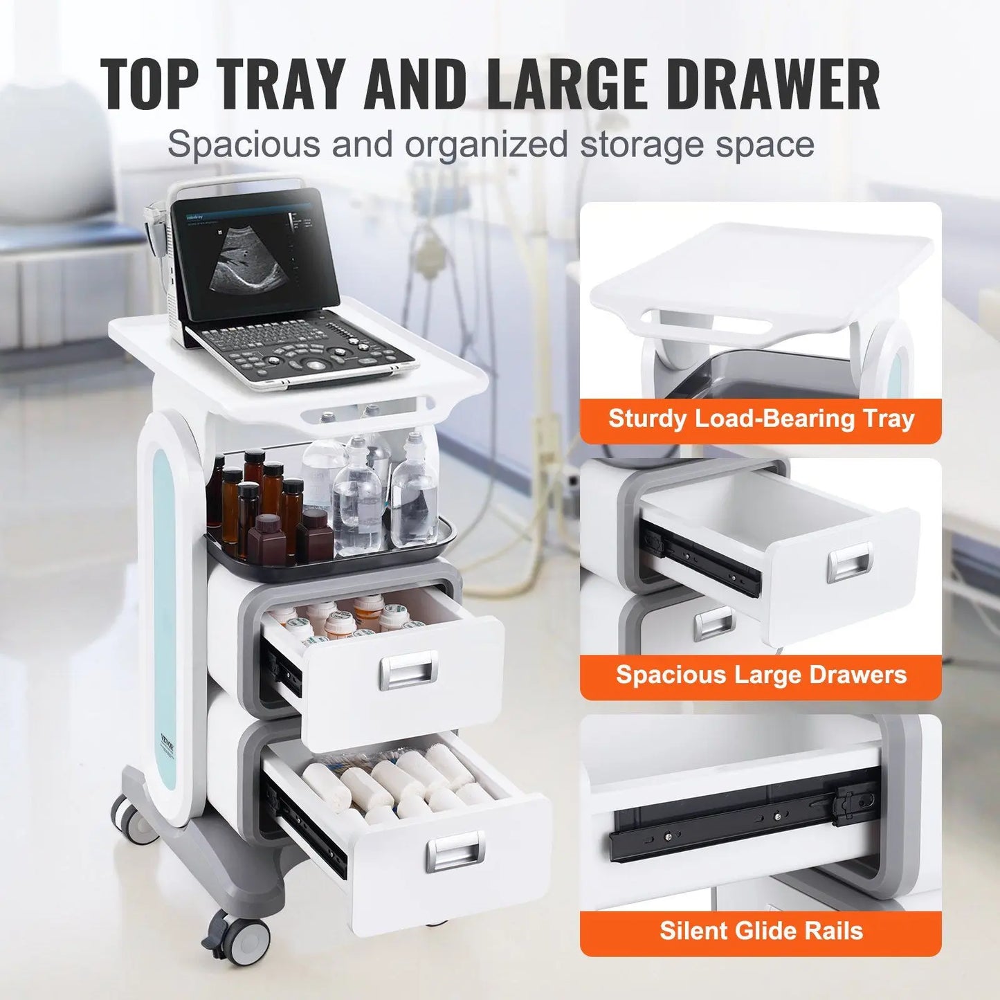 3 Tiers White ABS Material Mobile Medical Lab Cart 2 Drawers 1 Top Tray 4 Silent Wheels for Clinic Hospital Salon Office Storage