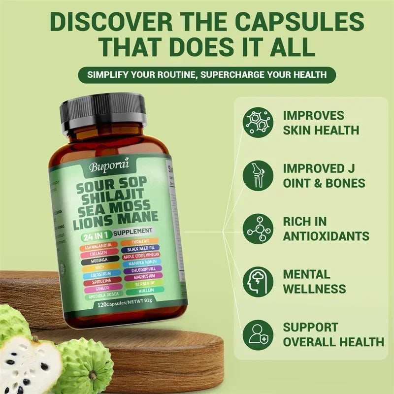 24-In-1 Soursop Supplement - Rich in Antioxidants, Promotes Skin, Joint and Bone Health, and Boosts Immune Function, Vegetarian