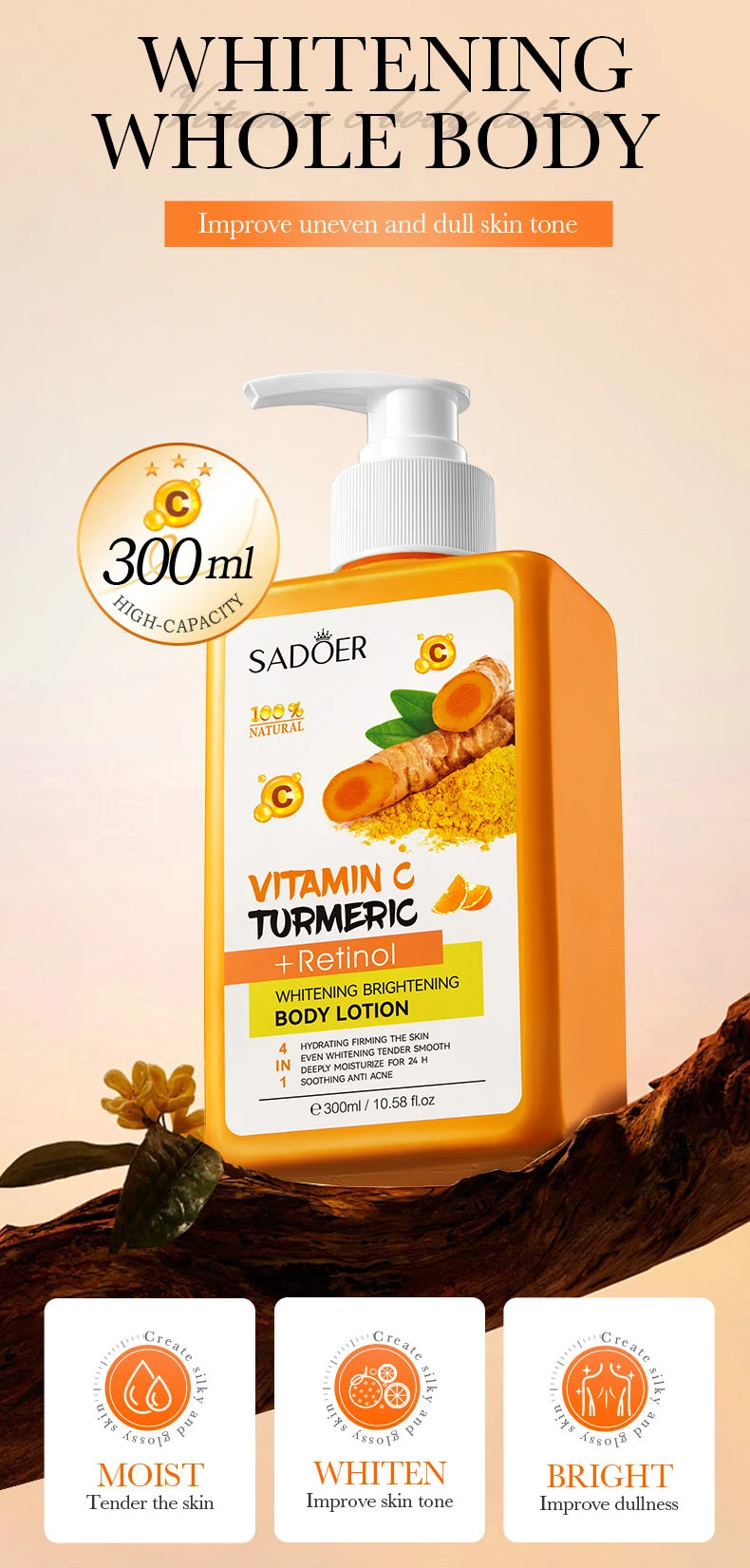 Turmeric Vitamin C Body Lotion Super Moisturizing Tender Firming Skin Brightening Face Cream Dark Spots Lighten Skin Care 300ml