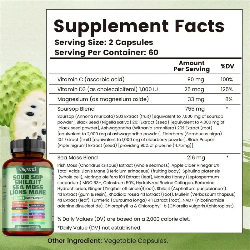 24-In-1 Soursop Supplement - Rich in Antioxidants, Promotes Skin, Joint and Bone Health, and Boosts Immune Function, Vegetarian