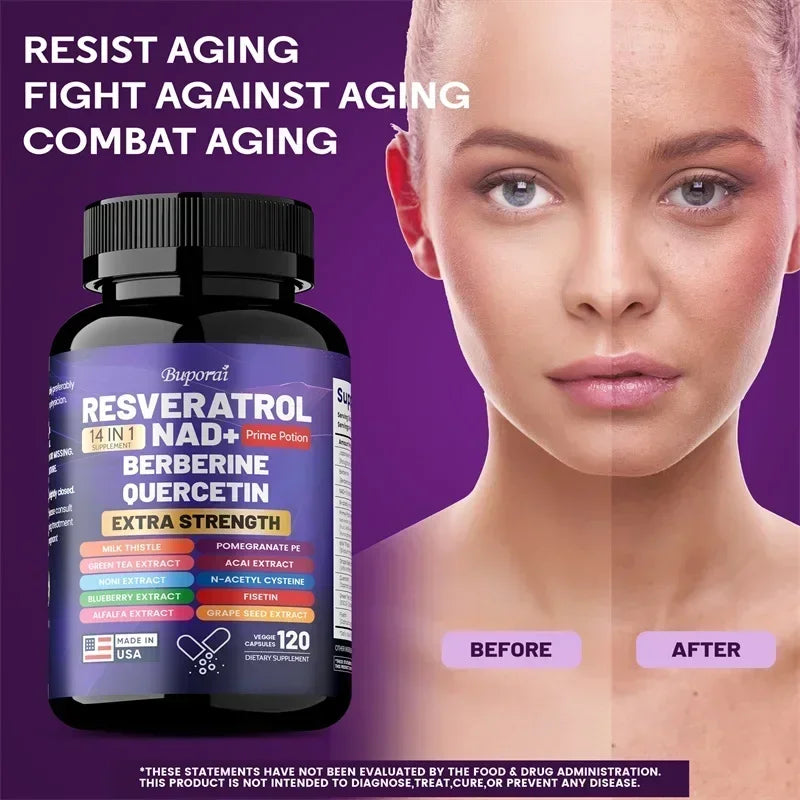 Resveratrol Nad+ Berberine Quercetin - Improve Aging, Anti-oxidation, Promote Metabolism, Protect Nerve Health, Non-GMO