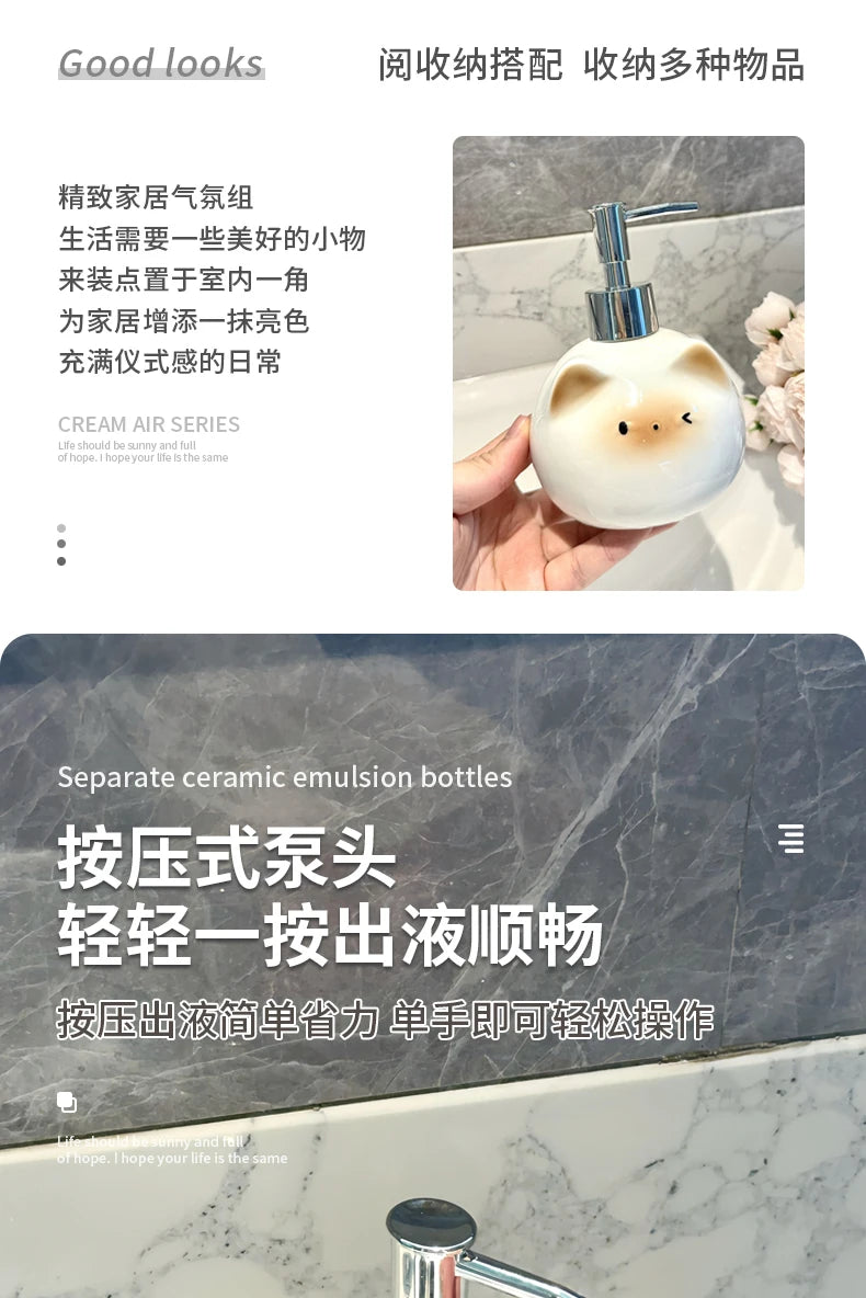 Ceramic Siamese Cat Hand Sanitizer Press Bottle Toilet Shampoo Shower Gel Packaging Bottle Dispenser for Liquid Soap