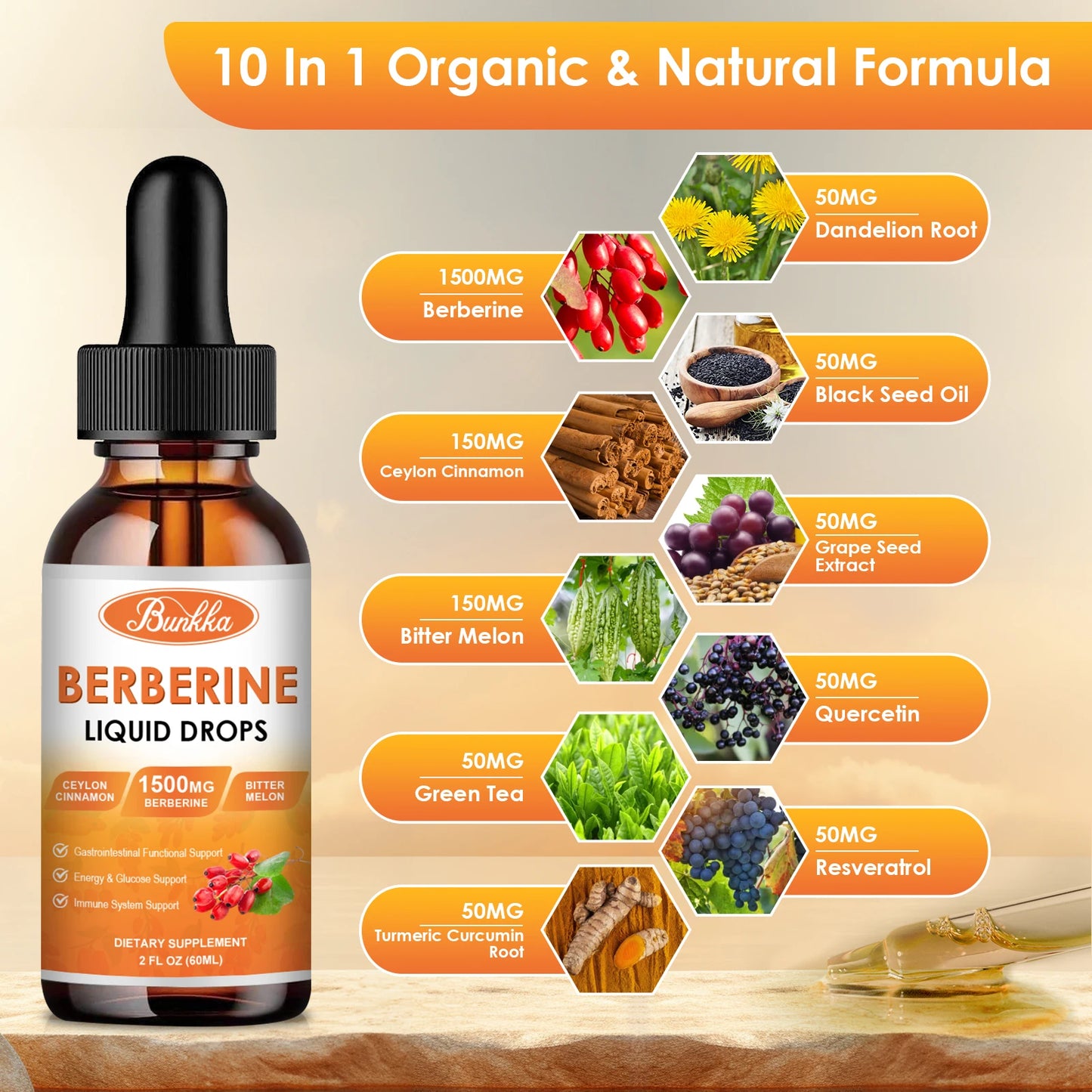60ML Berberine Drop Contain Turmeric,Ceylon Cinnamon, Bitter Gourd, Piperine Digestive System, Immune Health Support-Vegetarian