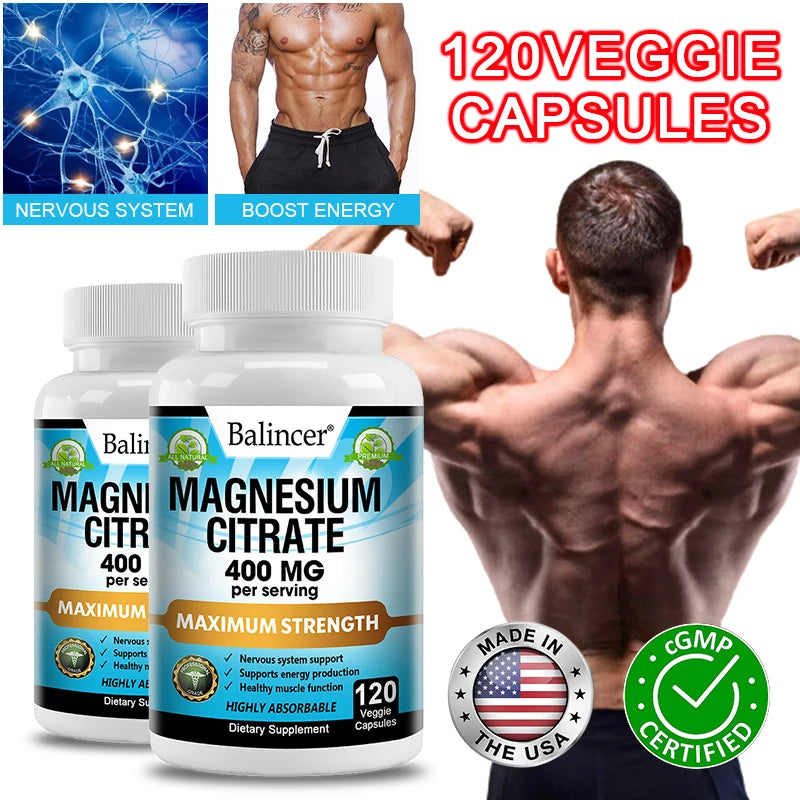 Magnesium Citrate Supplement, 120 Capsules, Relieves Fatigue and Promotes Relaxation, Unisex, Supports Heart and Bone Health