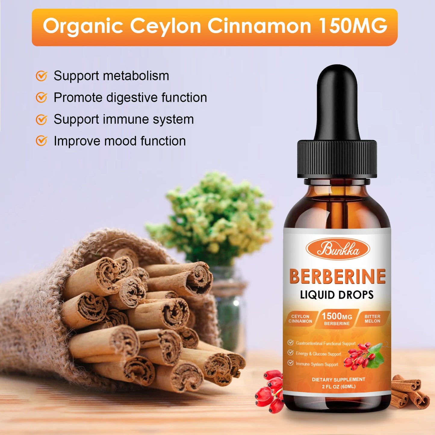 60ML Berberine Drop Contain Turmeric,Ceylon Cinnamon, Bitter Gourd, Piperine Digestive System, Immune Health Support-Vegetarian
