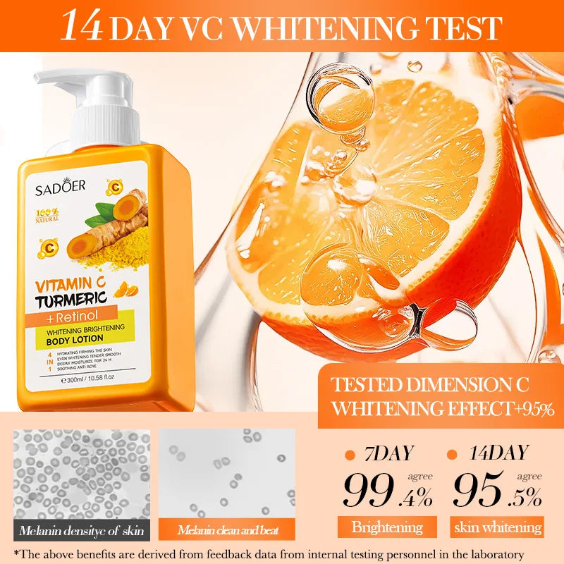 Turmeric Vitamin C Body Lotion Super Moisturizing Tender Firming Skin Brightening Face Cream Dark Spots Lighten Skin Care 300ml