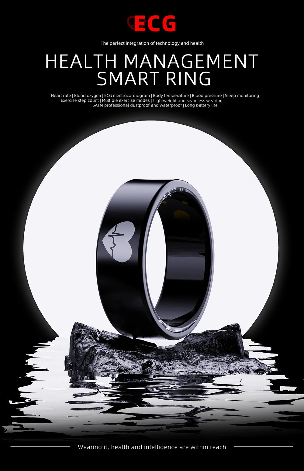 ECG Health Smart Ring Accurate Heart Rate Blood Oxygen Blood Pressure Detection Sleep Monitoring Fitness Rings IP68 Waterproof