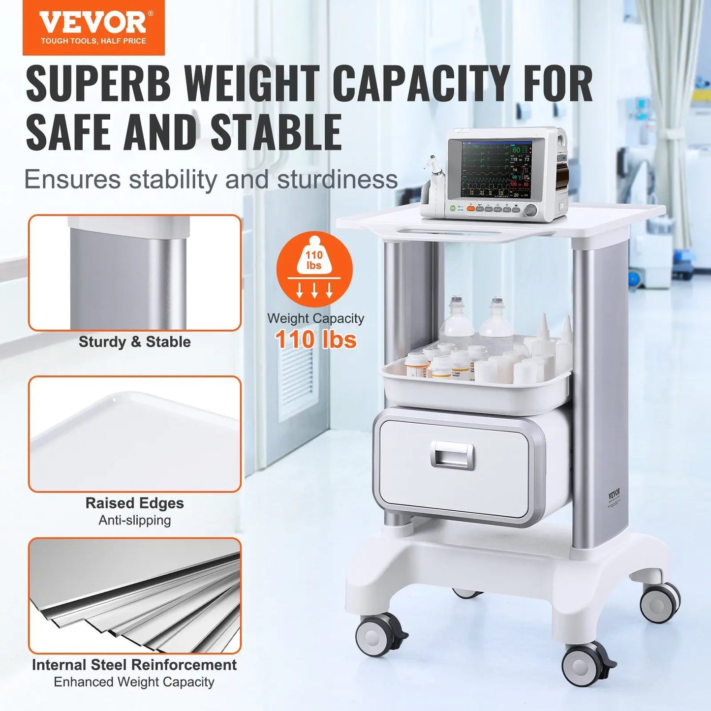 1 Drawer 1 Top Tray 2-Tier Mobile Medical Lab Rolling Cart ABS Material White Trolley Storage Cart 4 Silent Wheels for Hospital
