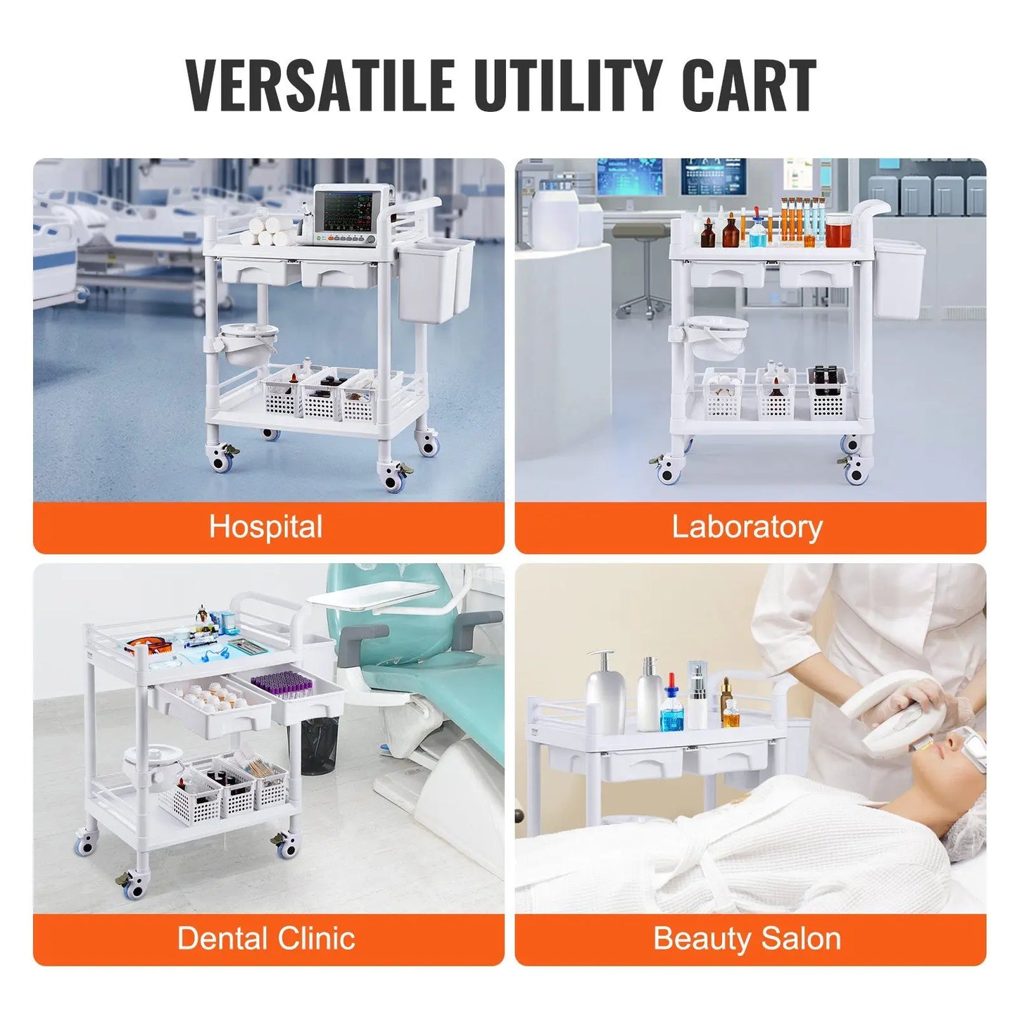 2 Tiers Lab Carts Mobile Medical Cart 2 Trays 2 Drawers 3 Trash Cans White, Trolley Storage Cart with PP Material, Lab Rolling C