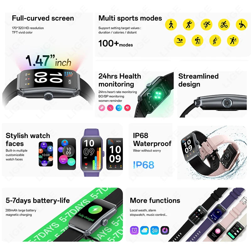 LIGE Smart Watch Health Heart Rate Monitoring Message Smart Reminder Mulit Sport Mode IP68 Waterproof Smartwatch For Android IOS