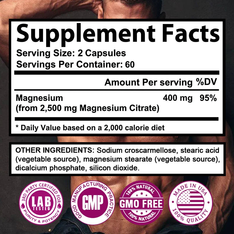Magnesium Citrate Supplement, 120 Capsules, Relieves Fatigue and Promotes Relaxation, Unisex, Supports Heart and Bone Health