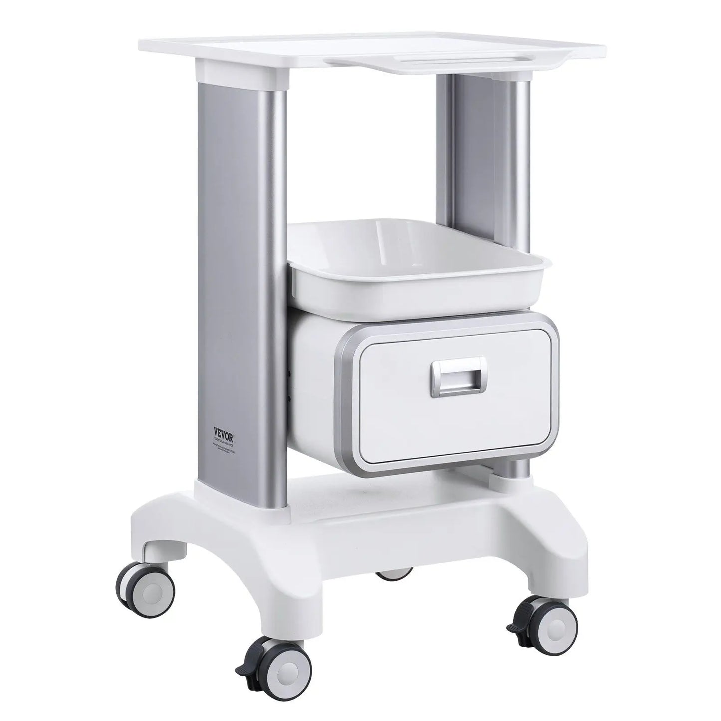 1 Drawer 1 Top Tray 2-Tier Mobile Medical Lab Rolling Cart ABS Material White Trolley Storage Cart 4 Silent Wheels for Hospital