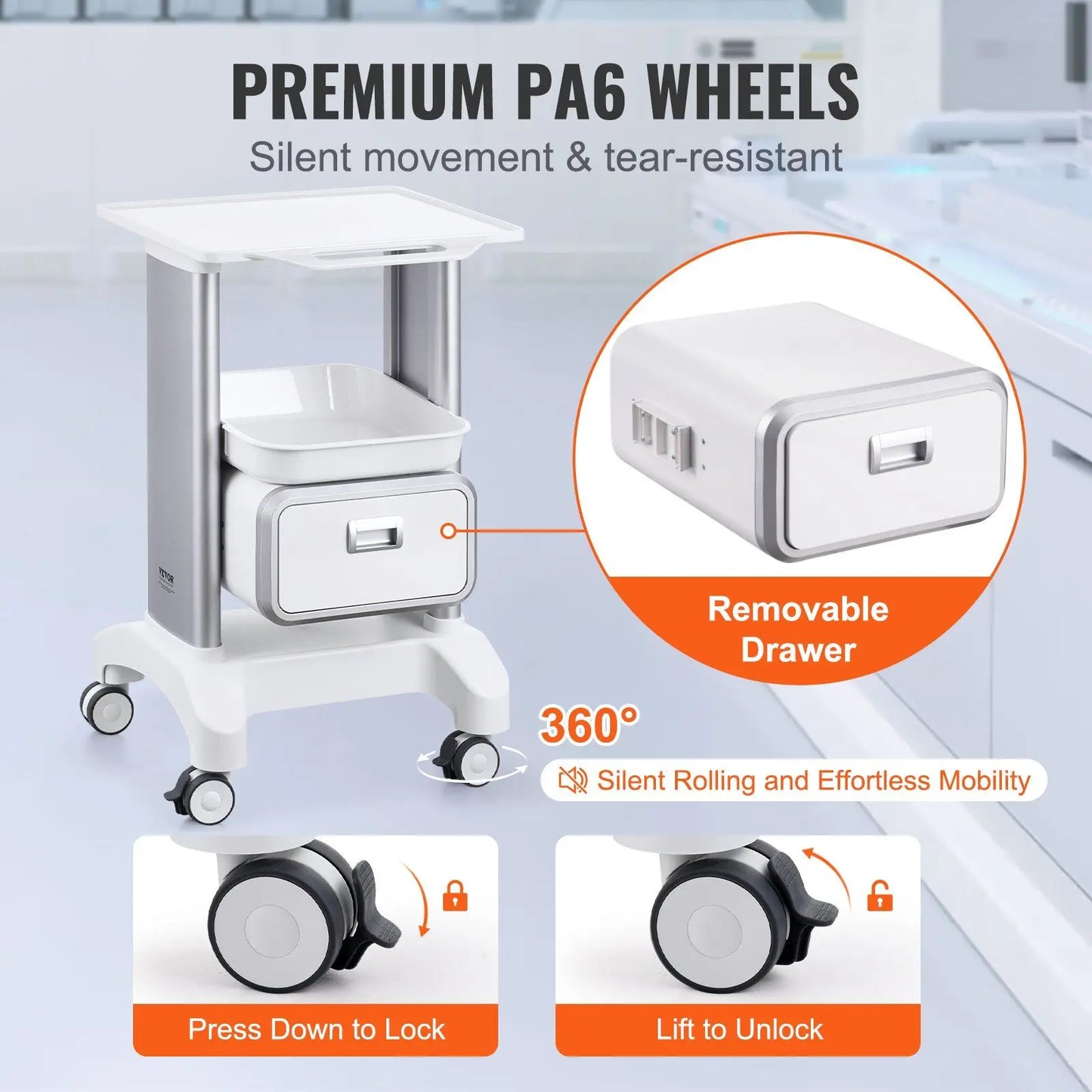 1 Drawer 1 Top Tray 2-Tier Mobile Medical Lab Rolling Cart ABS Material White Trolley Storage Cart 4 Silent Wheels for Hospital