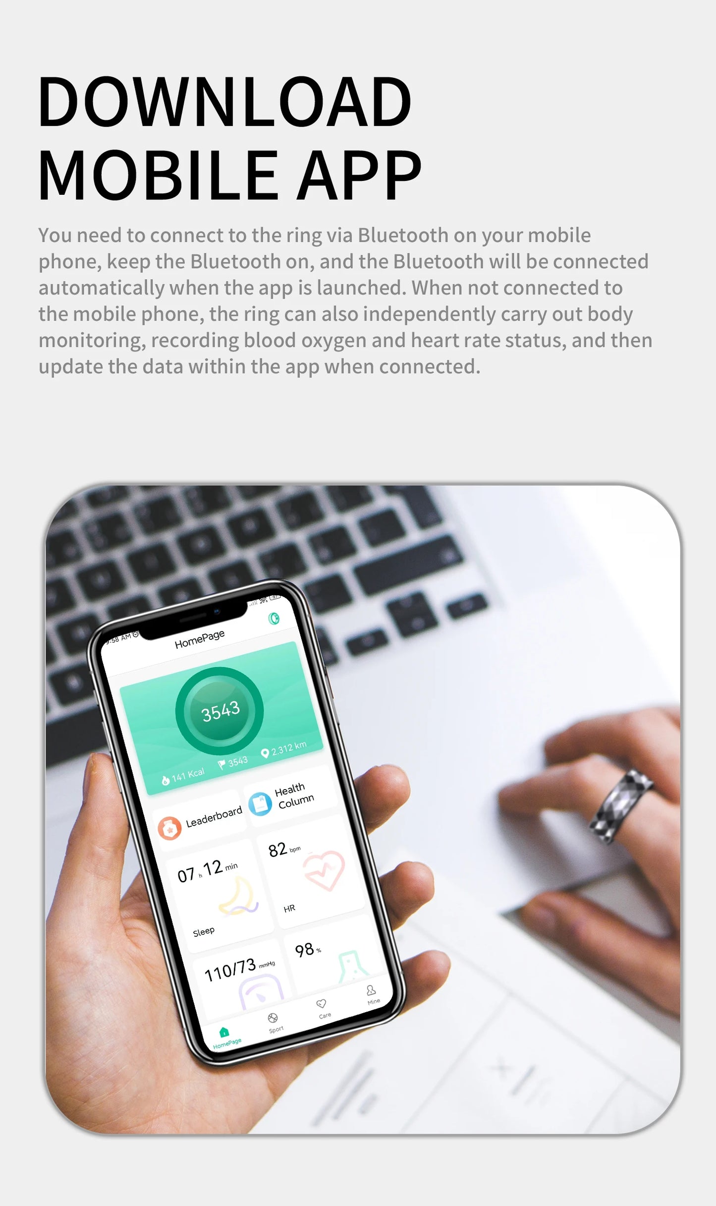 Smart Ring R12M Health Sleep Heart Rate Monitoring IP68 5ATM Waterproof Step Distance Calorie Counting Multi Sport Modes For Man