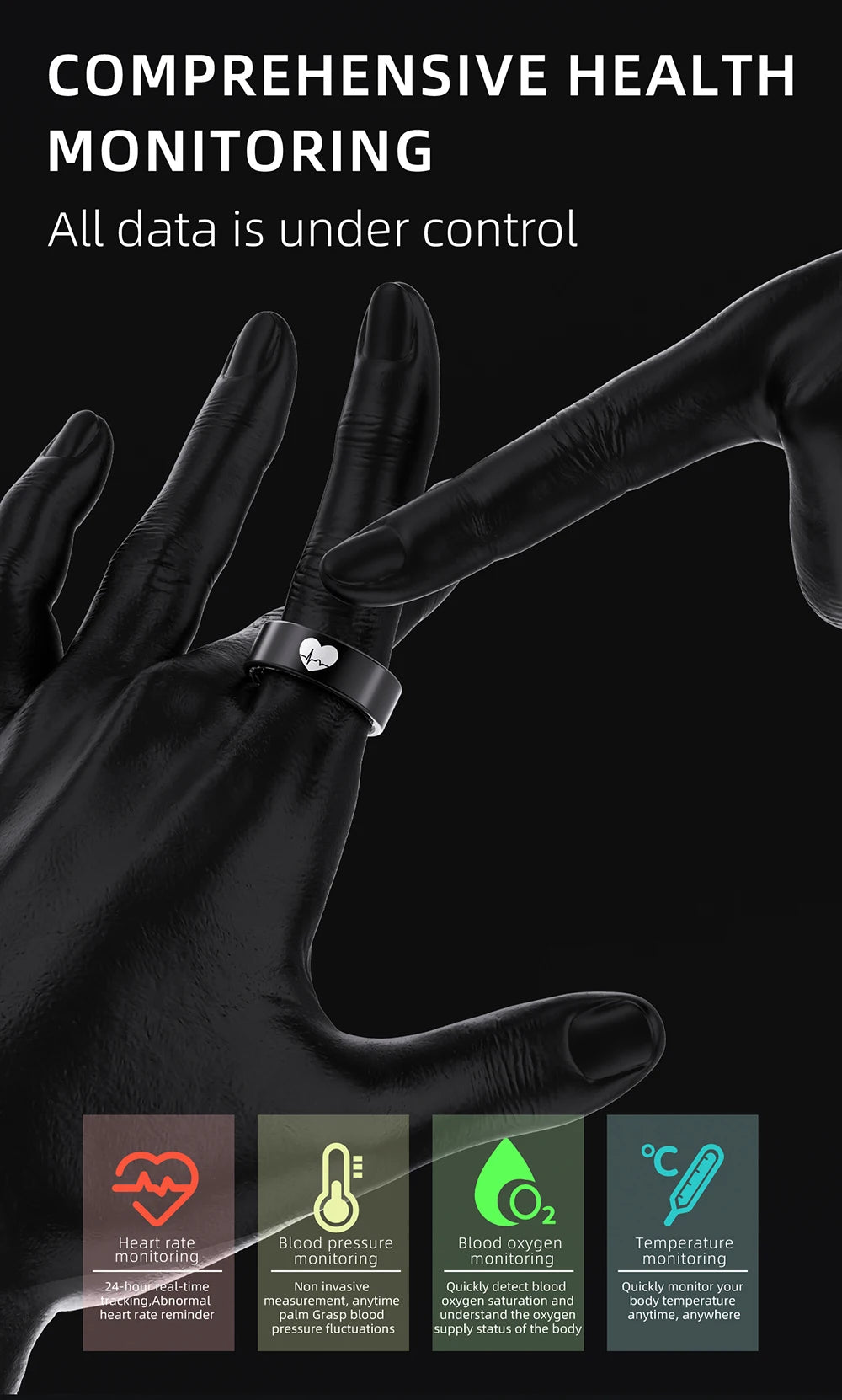 ECG Health Smart Ring Accurate Heart Rate Blood Oxygen Blood Pressure Detection Sleep Monitoring Fitness Rings IP68 Waterproof