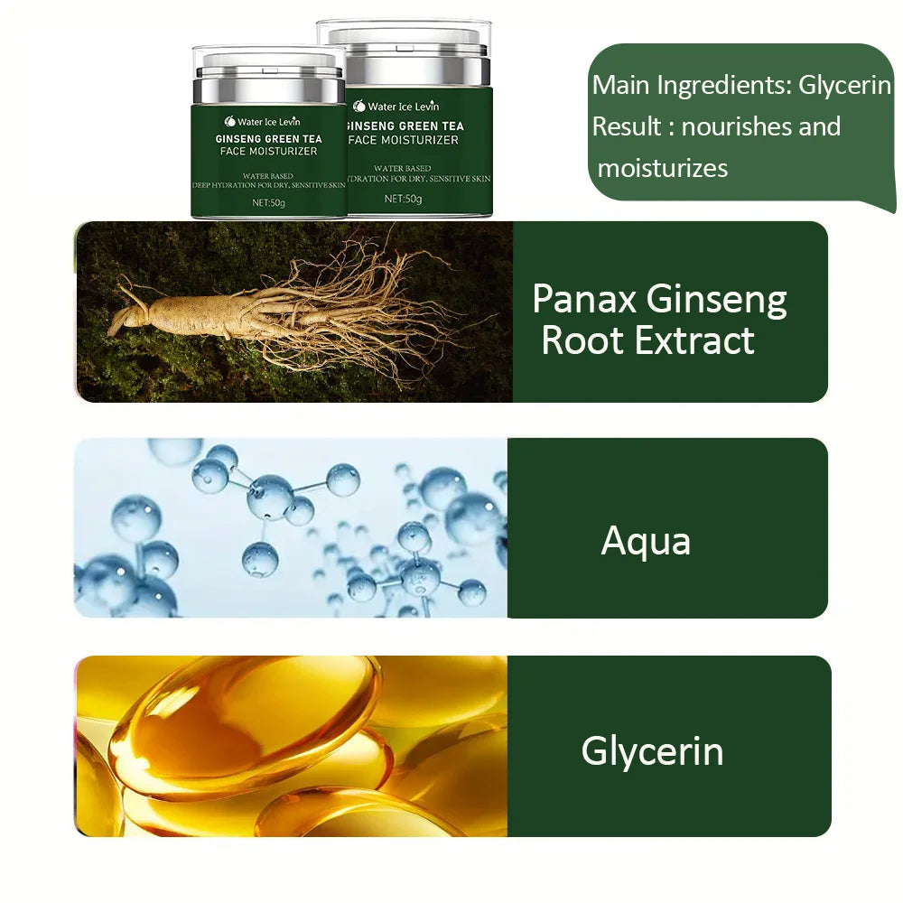 Ginseng Green Tea Facial Cream Moisturizing Containing Ginseng Extract Aloe Vera Leaf Juice for Dry Skin Care Suitable for All Skin Types