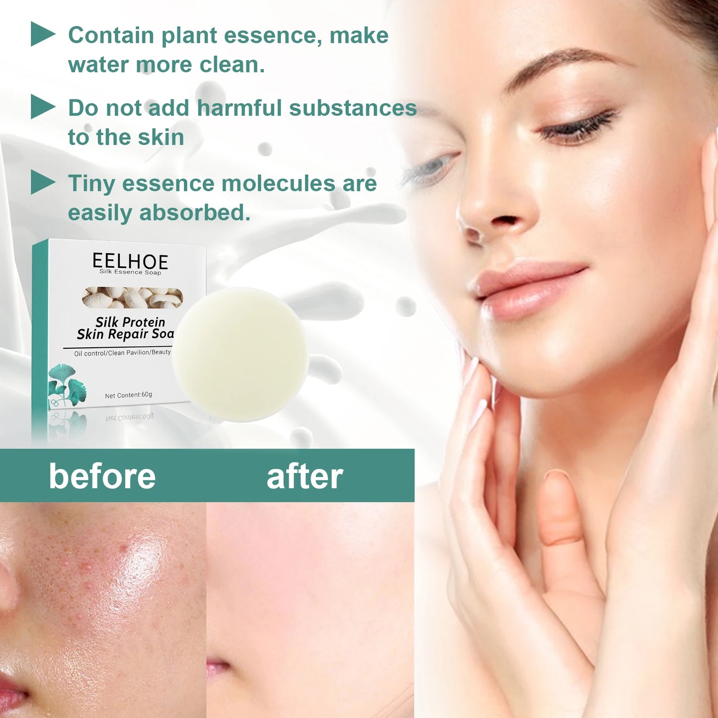 EELHOE 60g Silk Protein Mask Soap Nourishing Facial Skin Remove Mites Exfoliation Dense Foam Cleansing Natural Extract Milk Soap