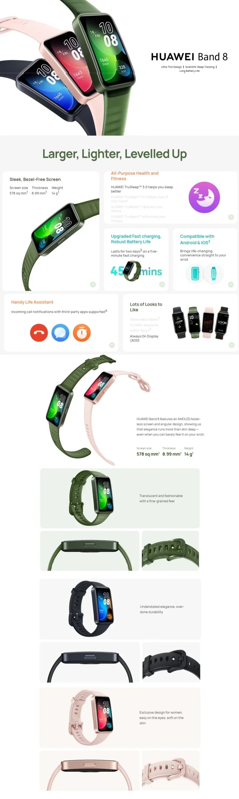 Original Huawei Band 8 Smart Blood Oxygen Heart Rate Sleep Sports Health Monitoring Payment NFC Watch.