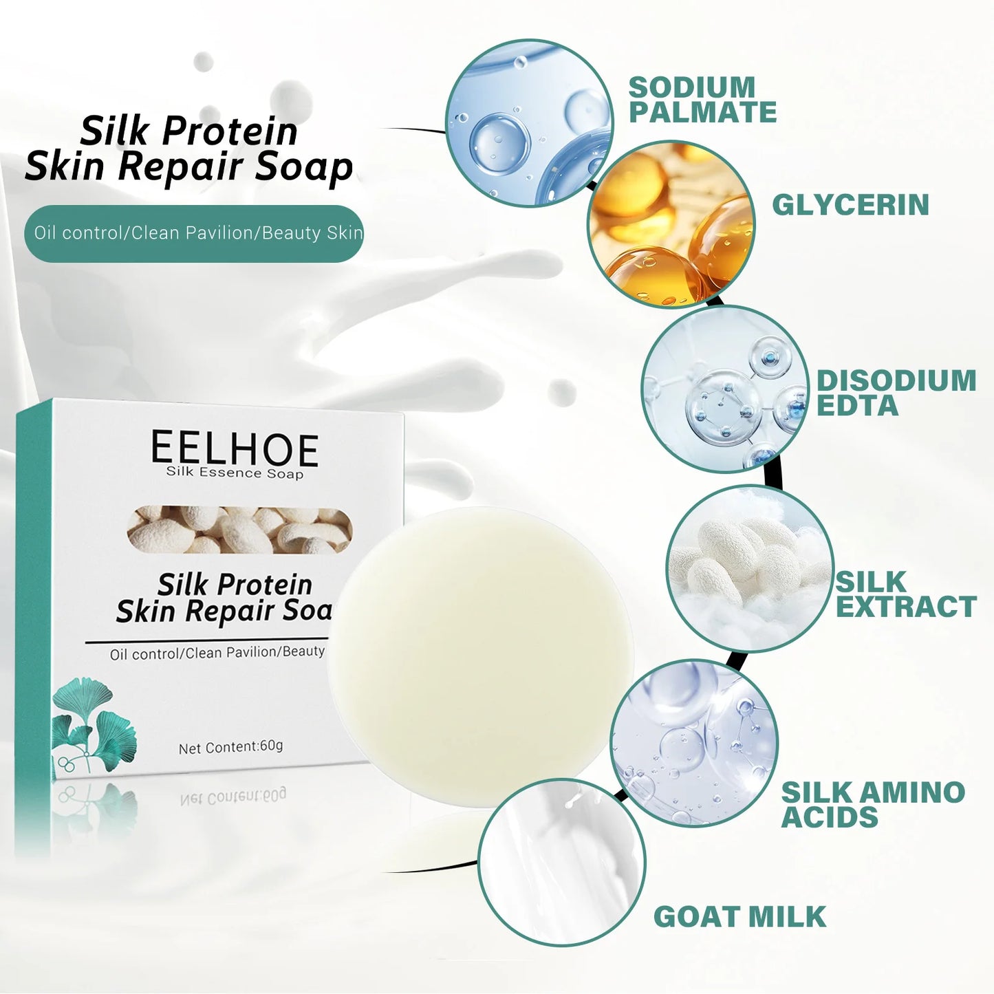 EELHOE 60g Silk Protein Mask Soap Nourishing Facial Skin Remove Mites Exfoliation Dense Foam Cleansing Natural Extract Milk Soap