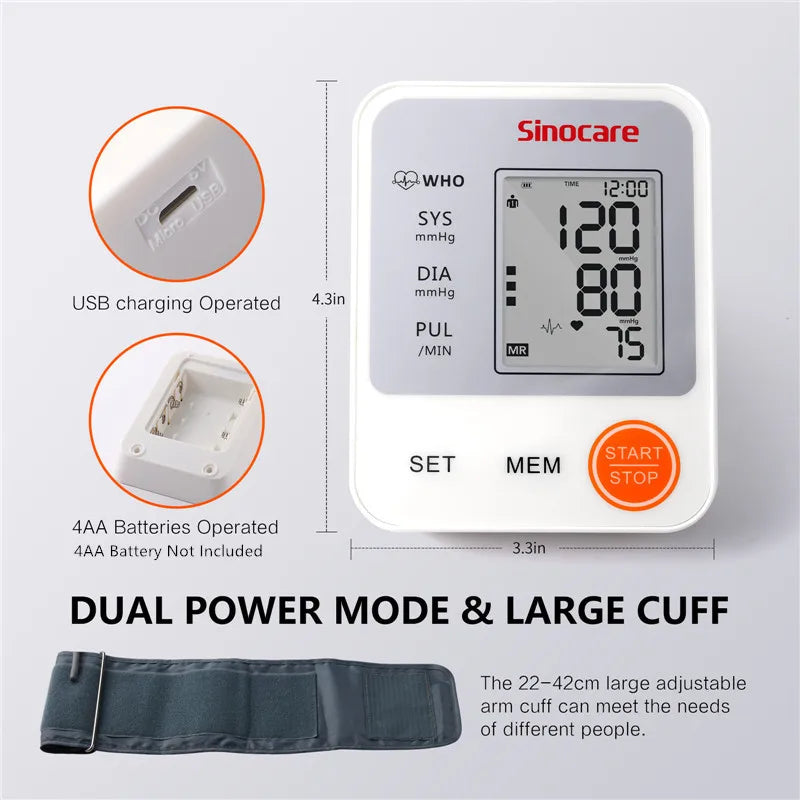 Sinocare Blood Pressure Monitor Tensiometer Upper Arm Automatic Digital BP Machine Pulse Heart Rate Monitor