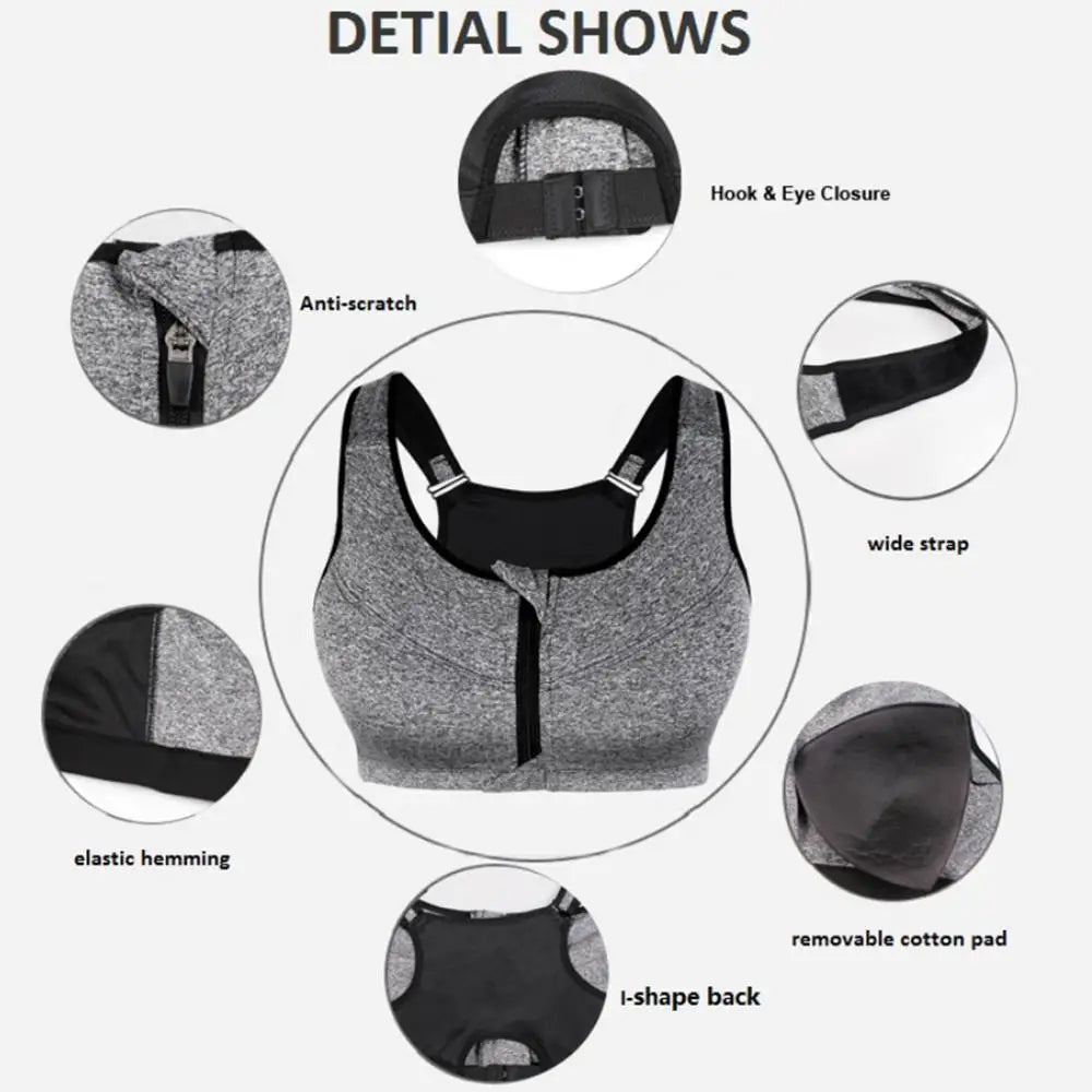 Front Zipper Sports Bras for Women Plus Size Underwear Gym Fitness Running Yoga Sports Bra Top High Impact Support S-3XL