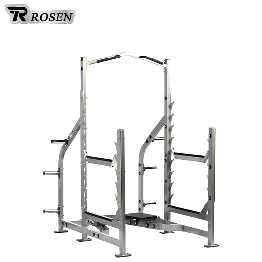 2025 High Quality Gym Equipment Weight Lifting Workout Squat Rack Rosen Fitness Plate Loaded Squat Rack Pull up for Exercise