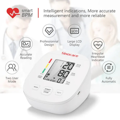 Sinocare Blood Pressure Monitor Tensiometer Upper Arm Automatic Digital BP Machine Pulse Heart Rate Monitor