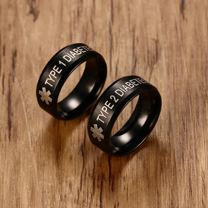 Vnox 8mm Black Stainless Steel Medical Alert ID Rings for Women and Men TYPE 1 DIABETES / TYPE 2 DIABETES