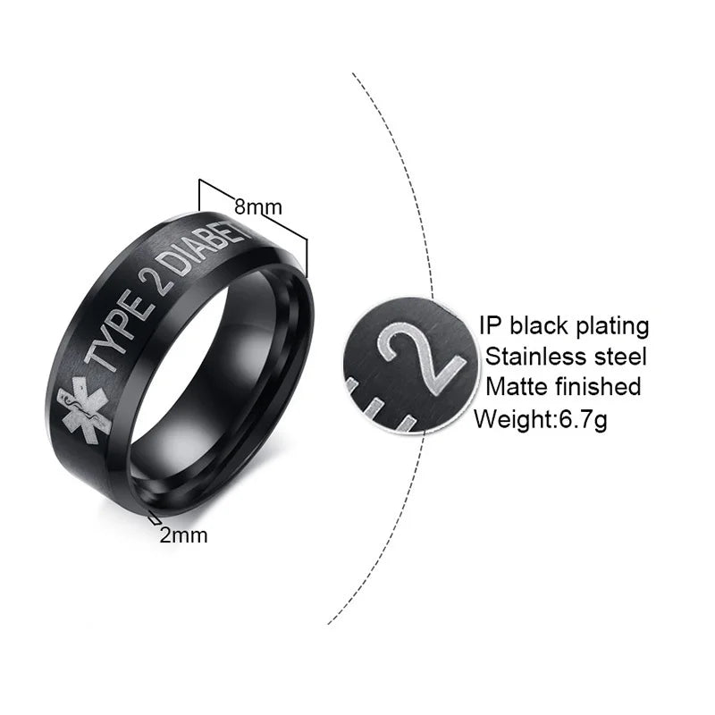 Vnox 8mm Black Stainless Steel Medical Alert ID Rings for Women and Men TYPE 1 DIABETES / TYPE 2 DIABETES