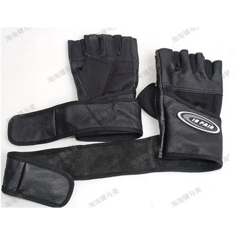 Men Gym Body Building Weight lifting Leather Fitness Gloves Sports Equipment Workout Exercise Fingerless Long Wrist Wrap Black