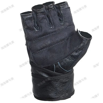 Men Gym Body Building Weight lifting Leather Fitness Gloves Sports Equipment Workout Exercise Fingerless Long Wrist Wrap Black