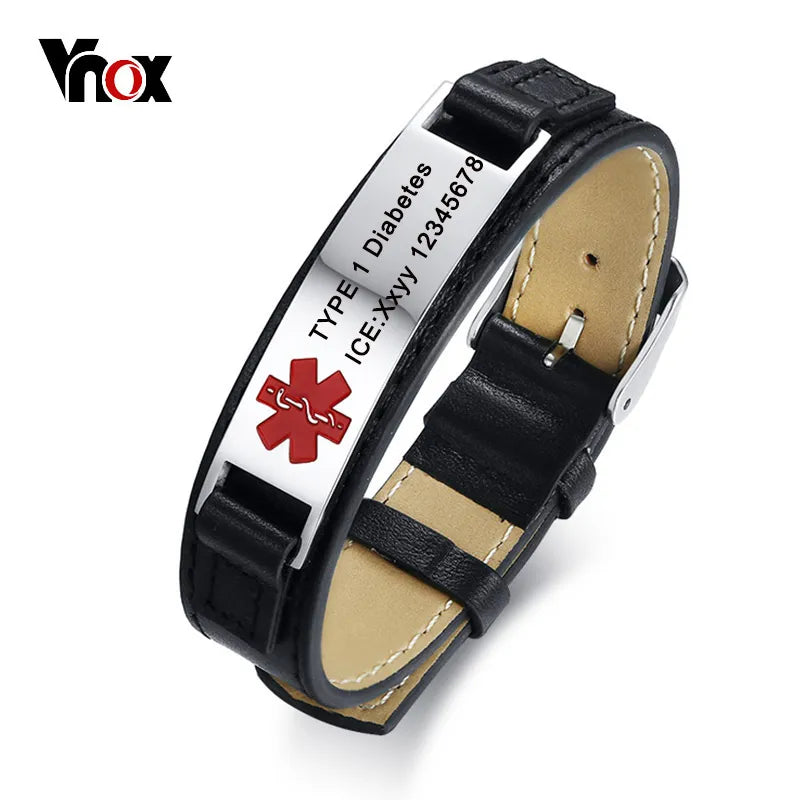 Vnox Free Engraving  Leather Bracelet Medical Alert ID Men Jewelry DIABETES ICE