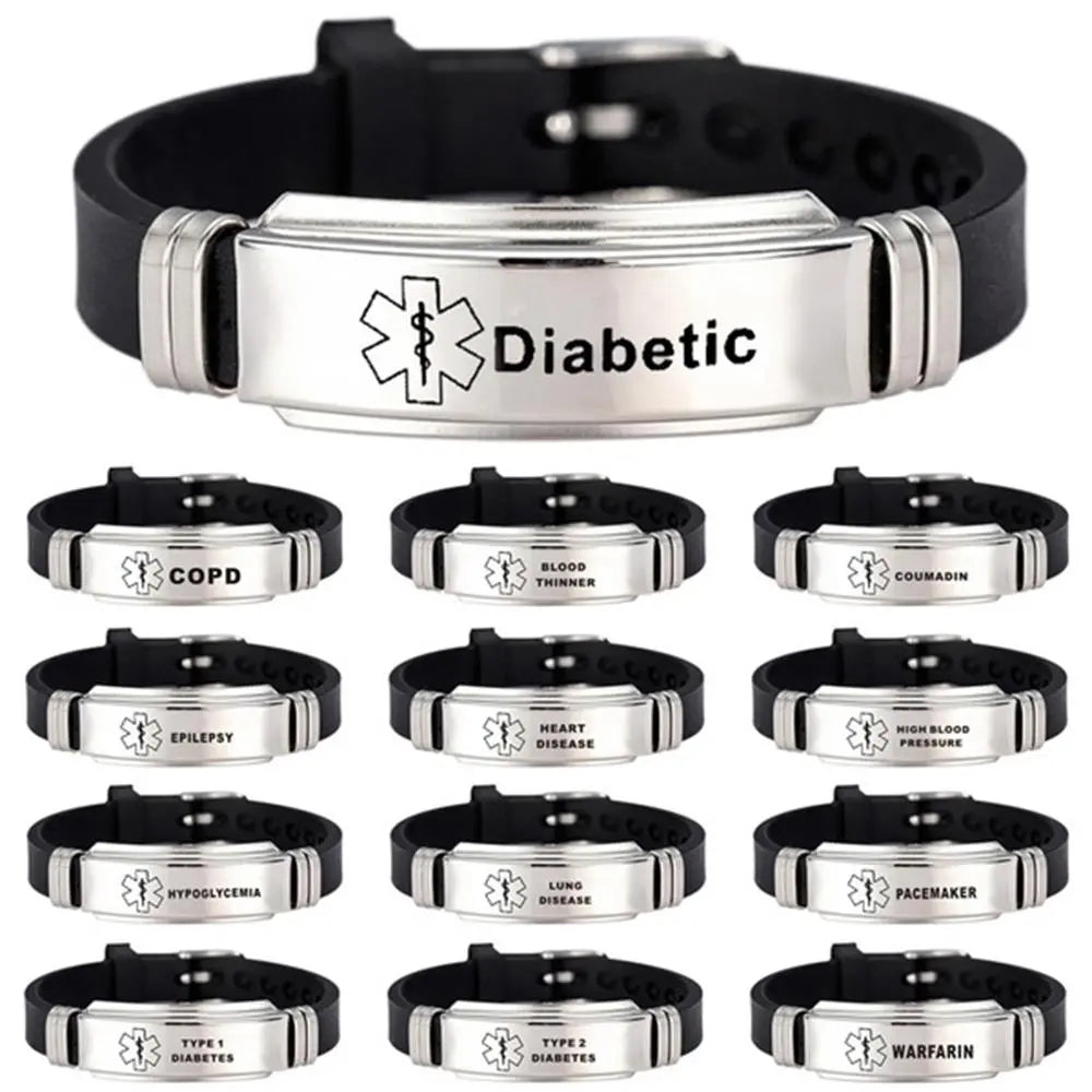 Stainless Steel Engravable Medical Alert Id Bracelets Diabetes Epilepsy Alzheimer's Allergy Women Men Silicone Bracelet Jewelry