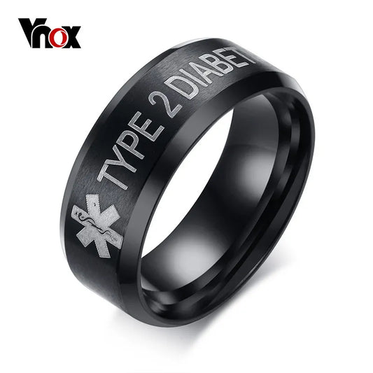 Vnox 8mm Black Stainless Steel Medical Alert ID Rings for Women and Men TYPE 1 DIABETES / TYPE 2 DIABETES