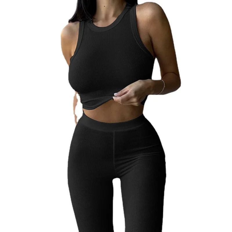 Ribbed Comfortable Knitting Fitness Two Pieces Set Women Active Wear Sleeveless Tops+Elastic Pants Skinny Tracksuit Outfits