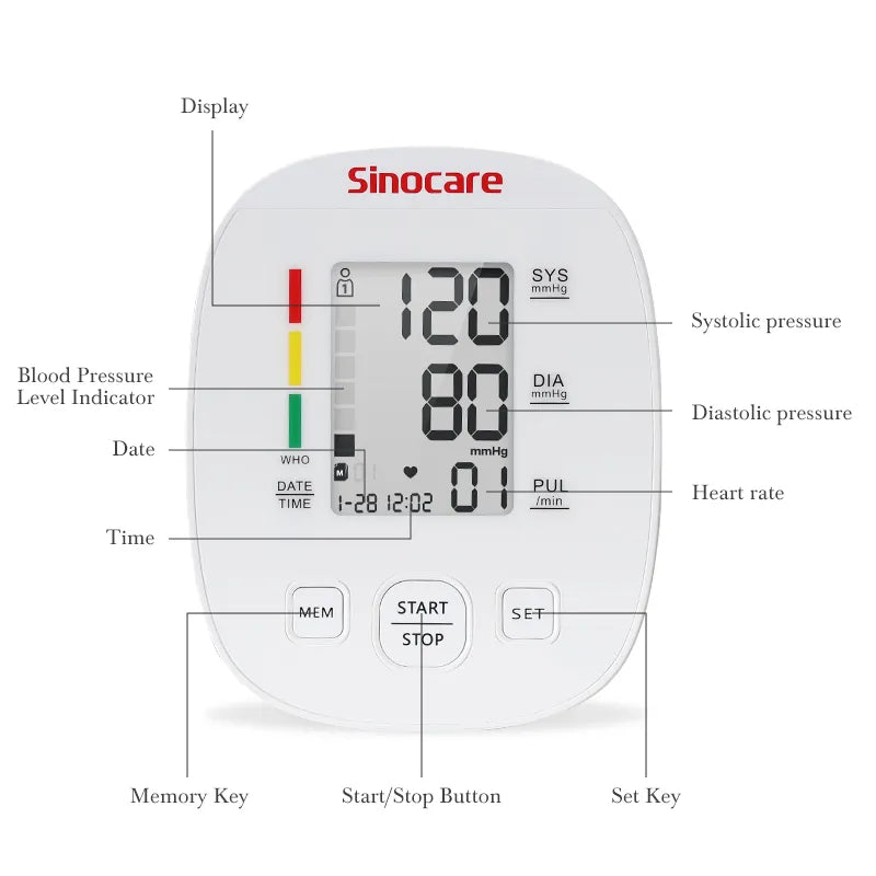 Sinocare Blood Pressure Monitor Tensiometer Upper Arm Automatic Digital BP Machine Pulse Heart Rate Monitor