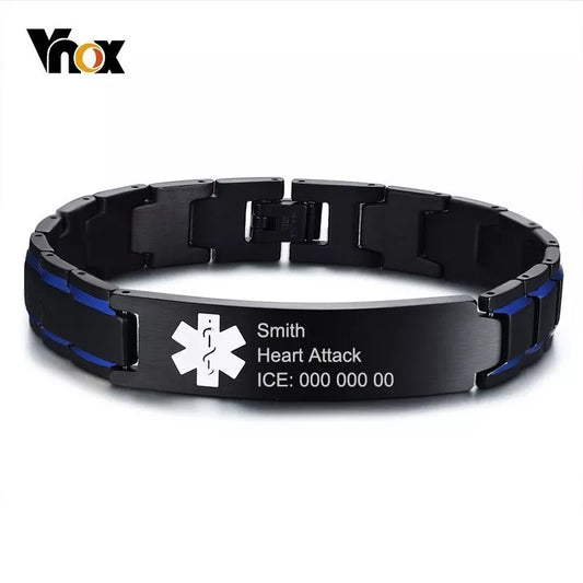 Vnox Free Engraving 12mm Medical Alert ID Bracelets for Men Stainless Steel Male Pulseira Type 1 Diabetes Warfarin