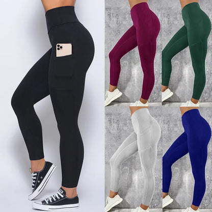 Plus Size Pocket Yoga Pants Women Solid Fitness Sports Leggings High Waist Elastic Gym Tights Female Running Trousers XXXL