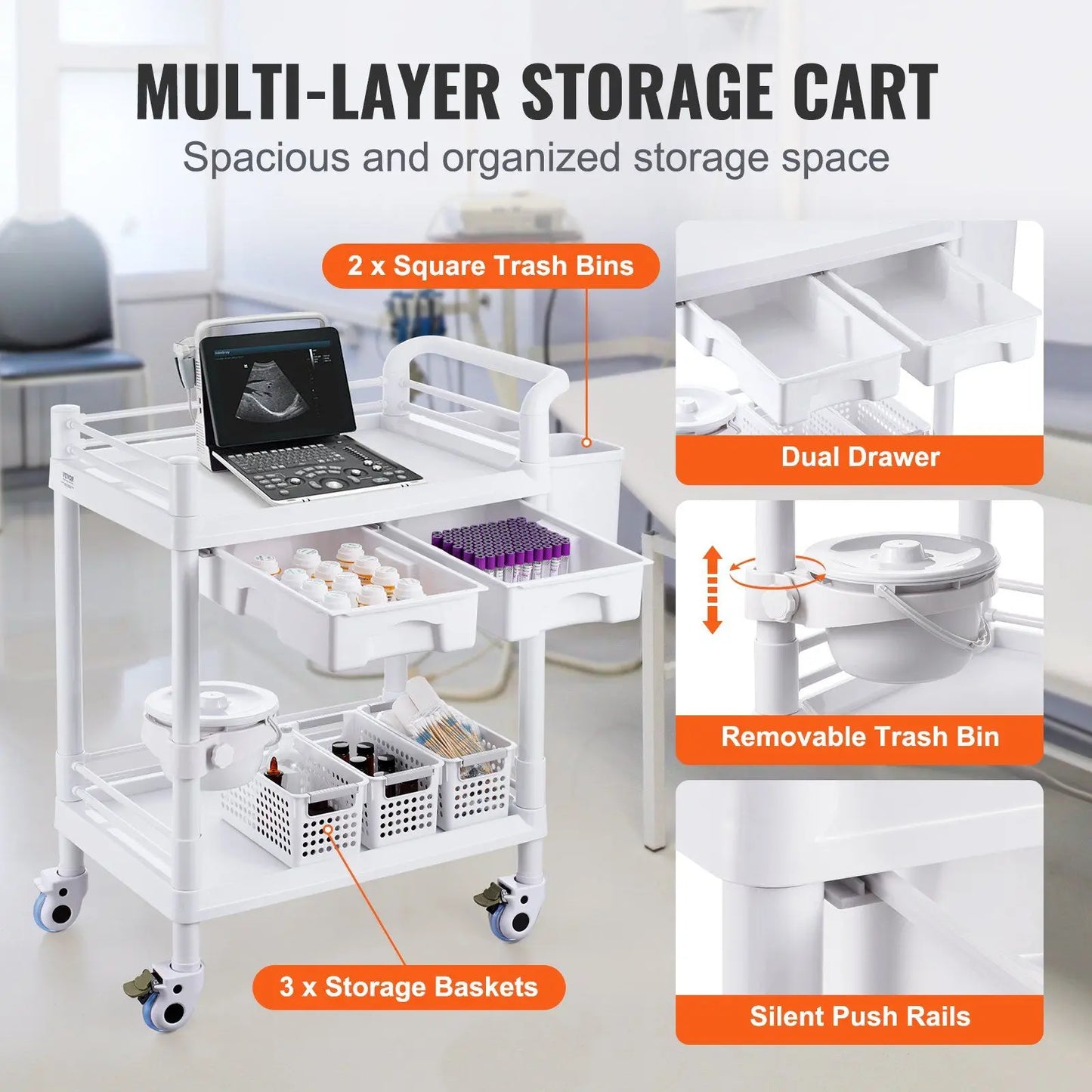 2 Tiers Lab Carts Mobile Medical Cart 2 Trays 2 Drawers 3 Trash Cans White, Trolley Storage Cart with PP Material, Lab Rolling C