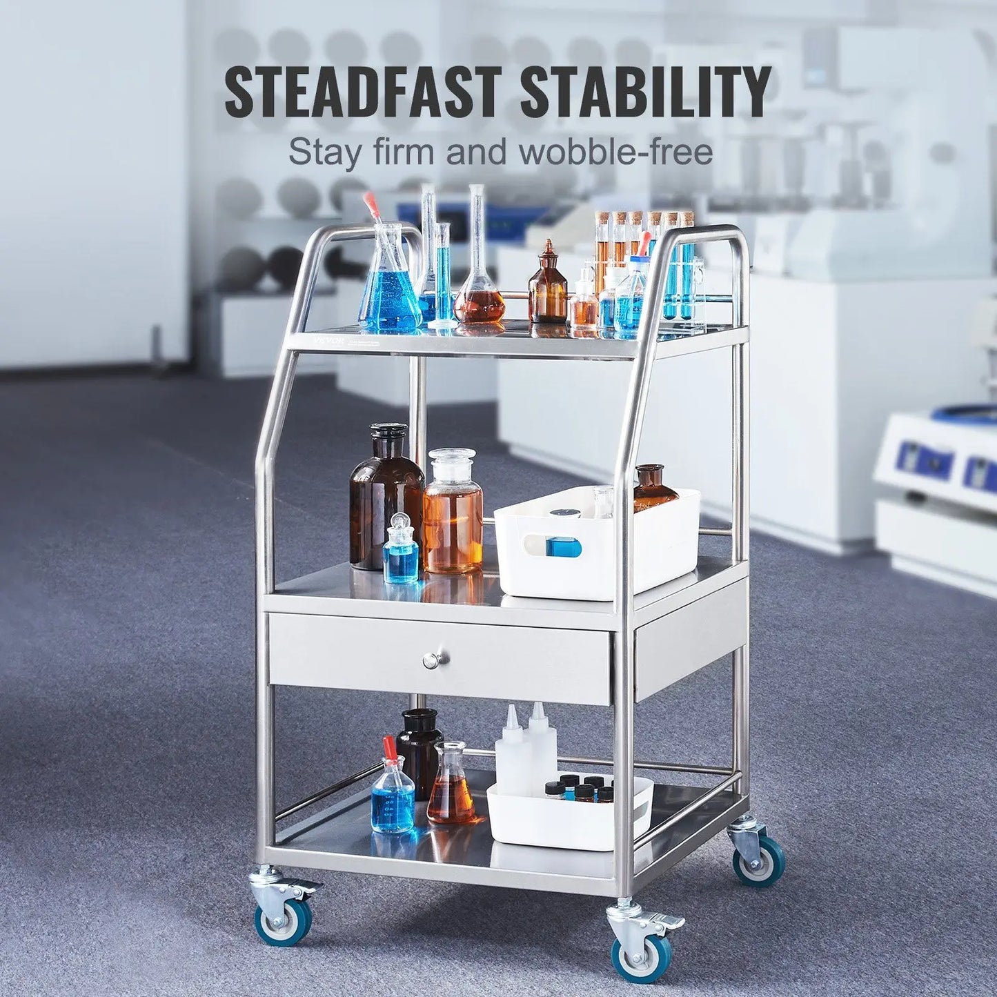 Lab Utility Cart with 3 Layers Stainless Steel Medical Cart Drawer Dental Lockable Rolling Wheels for Hospital Laboratory Use