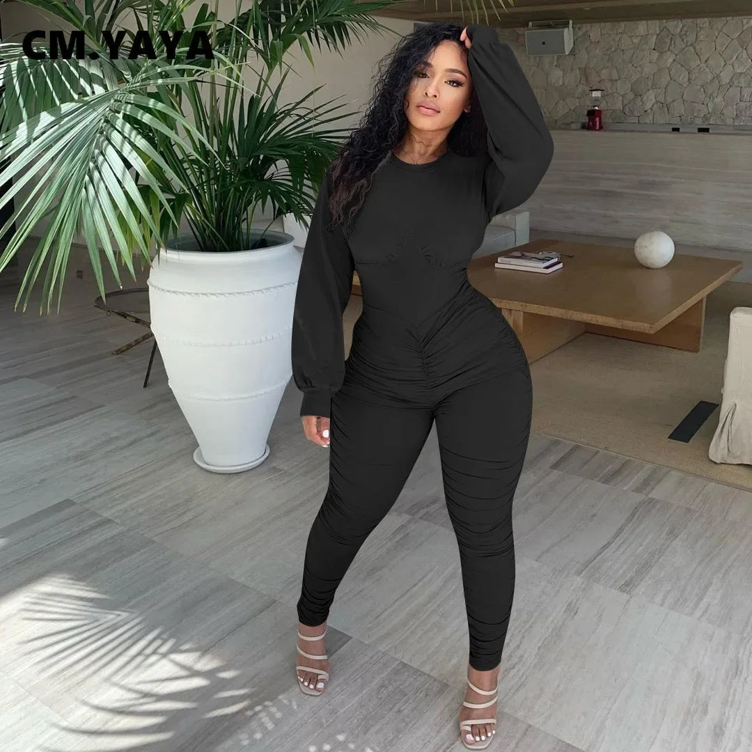 CM.YAYA Autumn Solid Stacked Jumpsuit Women Skinny Active Wear Ruched Rompers Streetwear Long Sleeve Bodycon One Piece Overalls