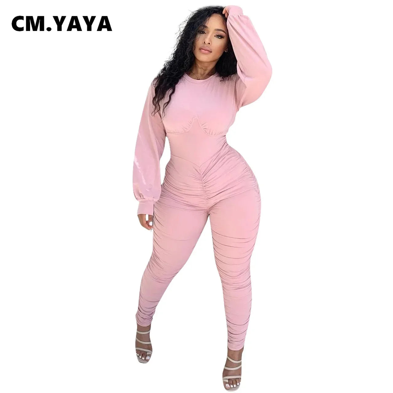 CM.YAYA Autumn Solid Stacked Jumpsuit Women Skinny Active Wear Ruched Rompers Streetwear Long Sleeve Bodycon One Piece Overalls