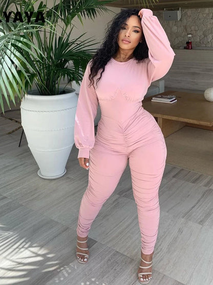 CM.YAYA Autumn Solid Stacked Jumpsuit Women Skinny Active Wear Ruched Rompers Streetwear Long Sleeve Bodycon One Piece Overalls