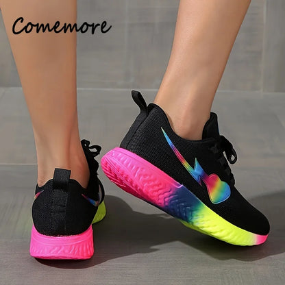 Comemore Low Top Lace Up Round Toe Casual Shoes Women Sport Running Shoe Round Toe Comfortable Women's Breathable Mesh Sneakers