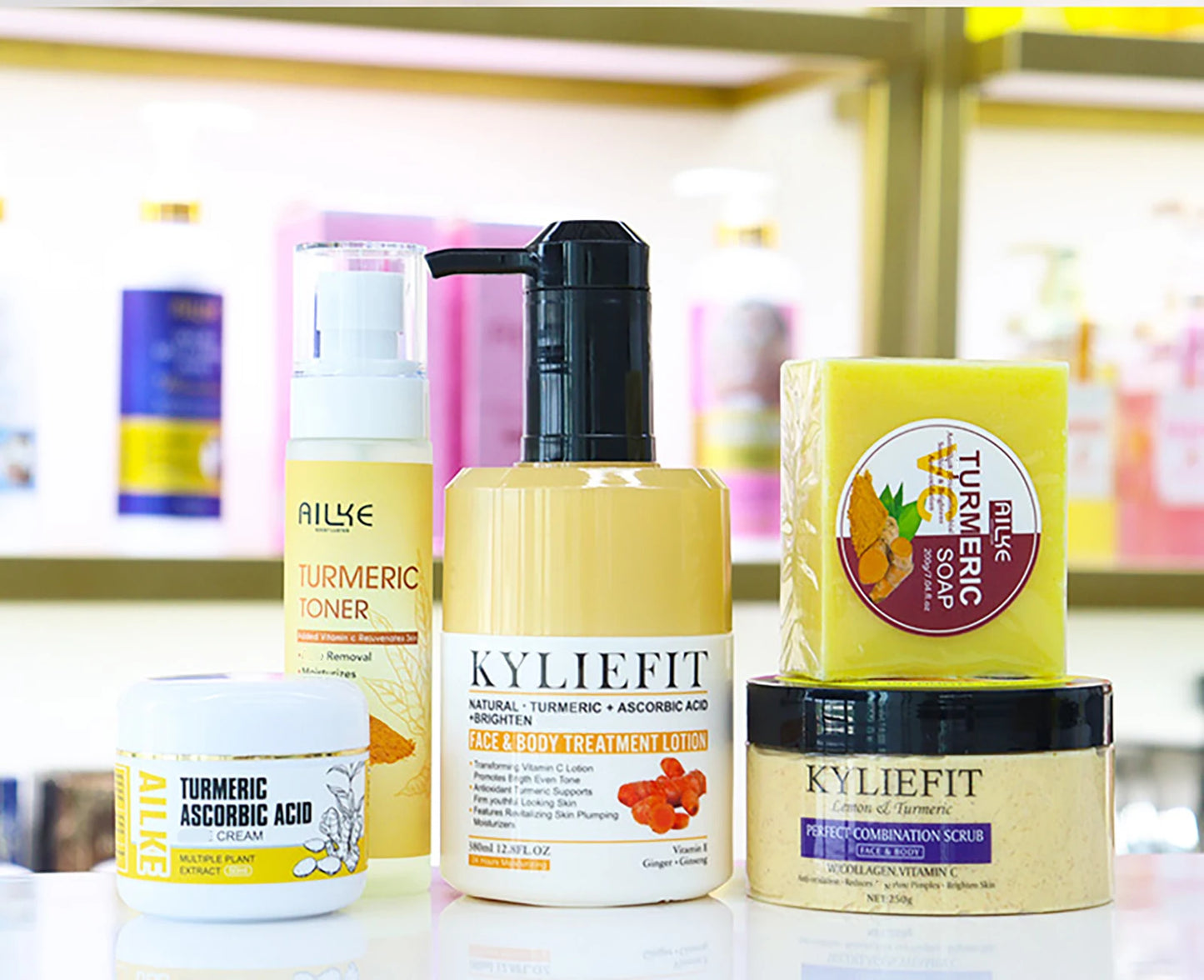 AILKE Natural Turmeric Skin Care Range, Lightening, Cleaning Skin, Moisturizes, Remove Acne and Pimples, Refining Pores