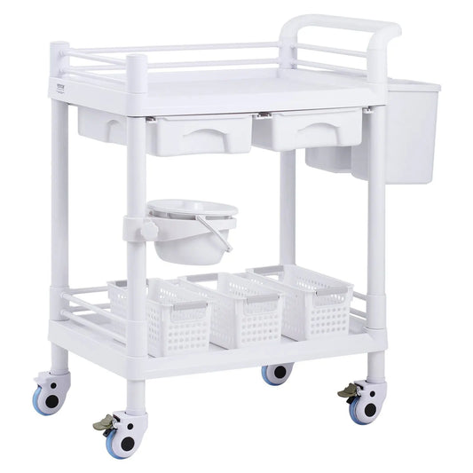 2 Tiers Lab Carts Mobile Medical Cart 2 Trays 2 Drawers 3 Trash Cans White, Trolley Storage Cart with PP Material, Lab Rolling C