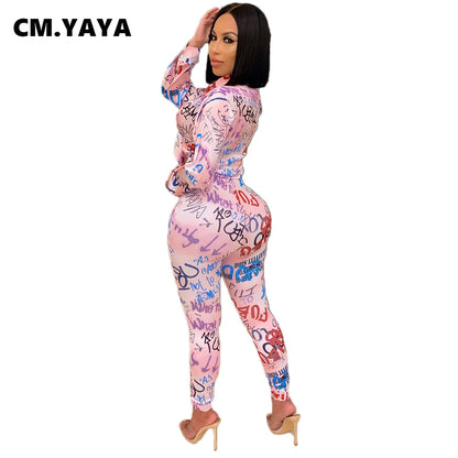 CM.YAYA Autumn Letter Leaf Print Women's Set Blouses Shirt Legging Pants Suit Active Wear Tracksuit Two Piece Set Fitness Outfit