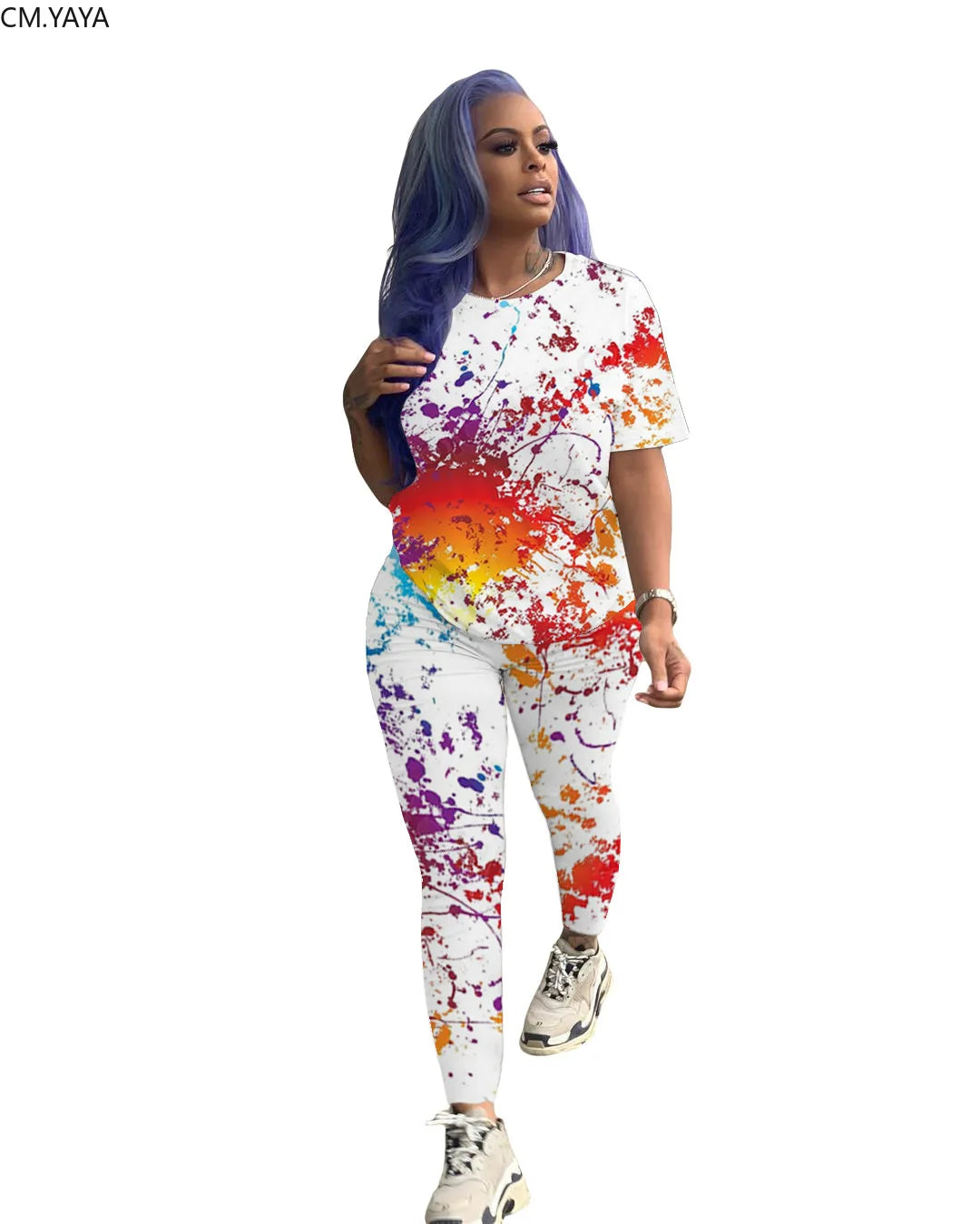 CM.YAYA Active Wear Women Painted Print Two Piece Set Short Sleeve Tee Tops Pencil Long Pants Suit Sweatsuit Tracksuit Outfit