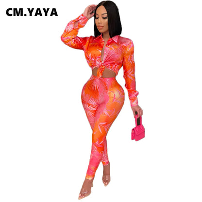 CM.YAYA Autumn Letter Leaf Print Women's Set Blouses Shirt Legging Pants Suit Active Wear Tracksuit Two Piece Set Fitness Outfit