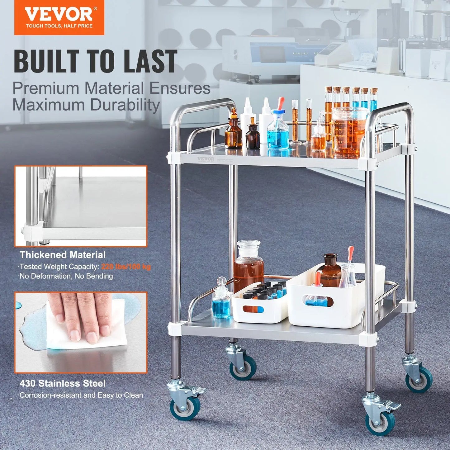 Lab Rolling Cart, 2-Shelf Stainless Steel Rolling Cart, Lab Serving Cart with Swivel Casters, Dental Utility Cart for Clinic, La